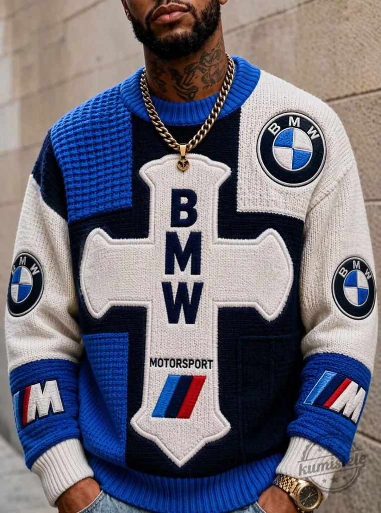 BMW Motorsport Color Block Knit Sweater for Men, Long Sleeve Crewneck Pullover